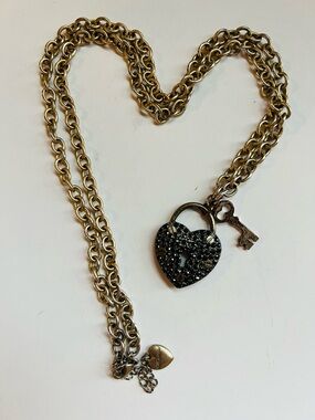 FLAWED Vintage Betsey Johnson Black Rhinestone Heart Padlock Necklace *READ*